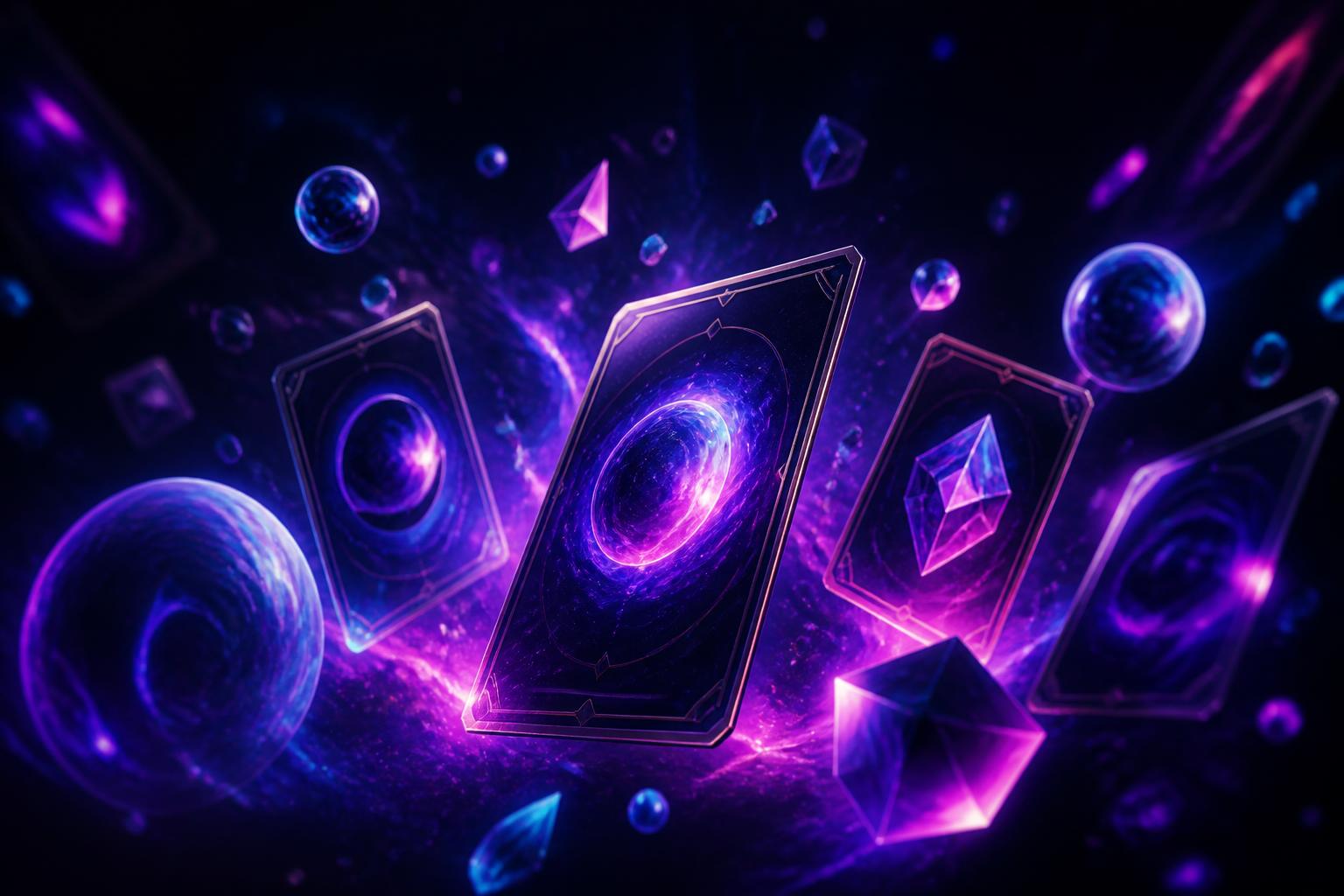 Neon energy orbs and glowing collectible cards floating in dark space